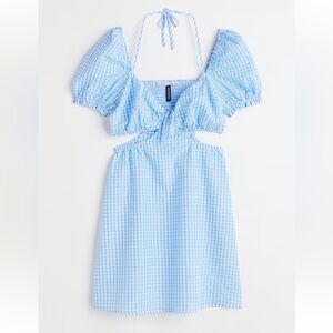 H&M Blue Gingham Cut-Out Mini Dress Puff Sleeve Tie Back Summer Dress Size M